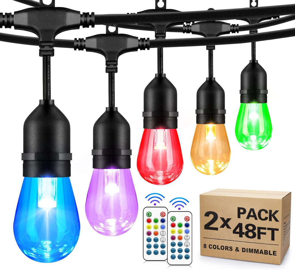 2-Pack 48FT Outdoor RGB String Lights with 30+5 E26 Shatterproof Edison Bulb Dimmable R30538