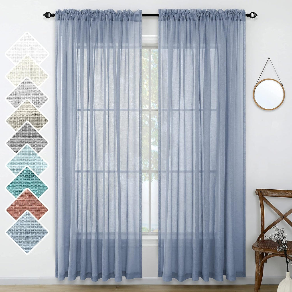 Navy Blue Semi Sheer Faux Linen Rod Pocket Curtains 84 Inch Set of 2 Panels U5073