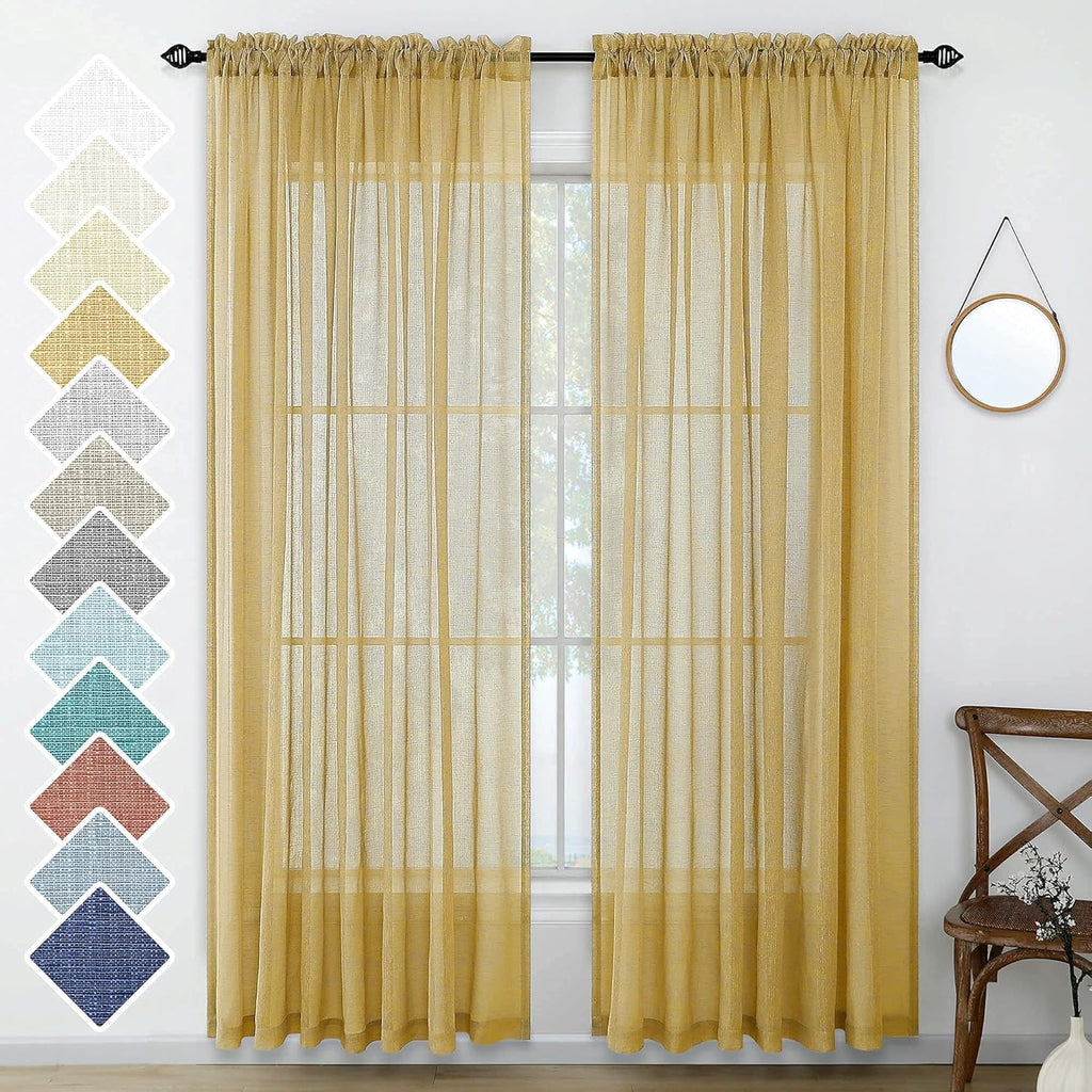 Navy Blue Semi Sheer Faux Linen Rod Pocket Curtains 84 Inch Set of 2 Panels U5073