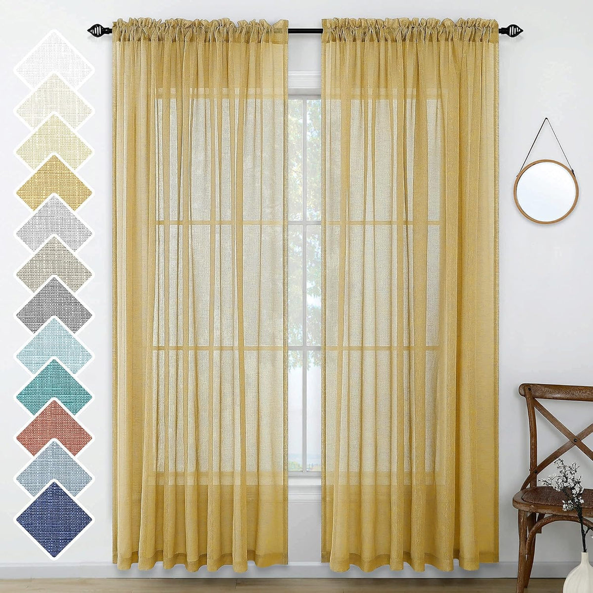 Navy Blue Semi Sheer Faux Linen Rod Pocket Curtains 84 Inch Set of 2 Panels U5073
