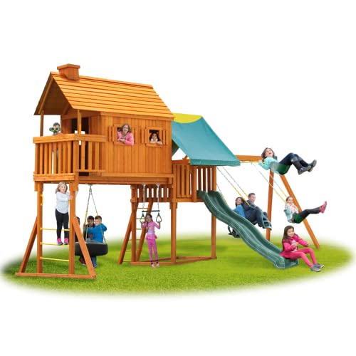 Solid Cedar Wood Swing Set with Built-in Tree House, Wave Slide, Spiral Slide O688888