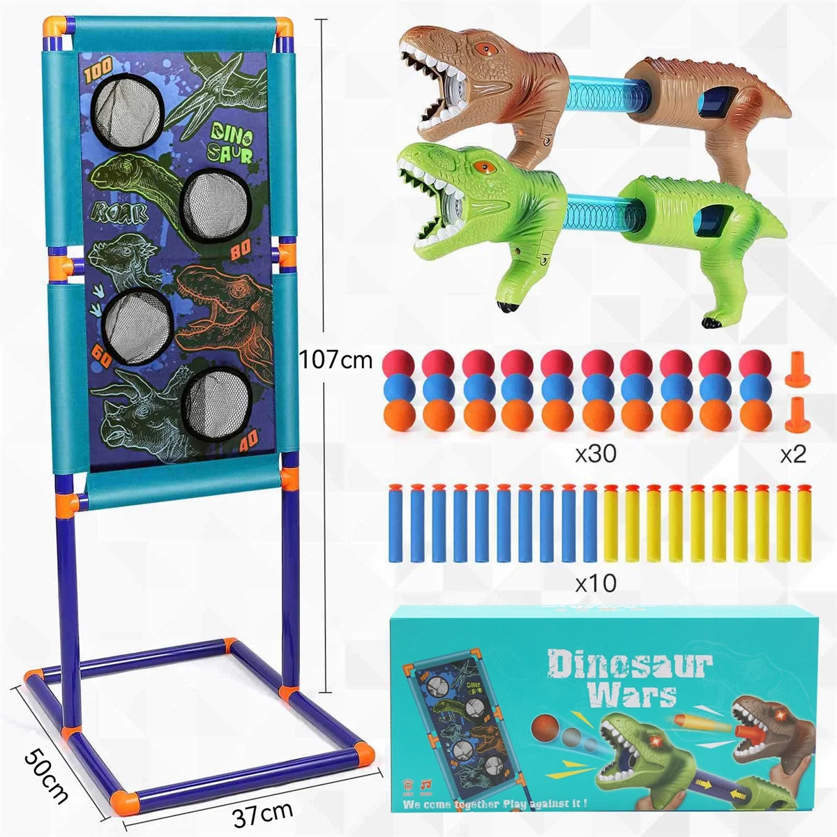 Dinosaur Shooting Game Toy with 2pk Foam Ball Popper Air Guns & 30 Foam Balls L27223