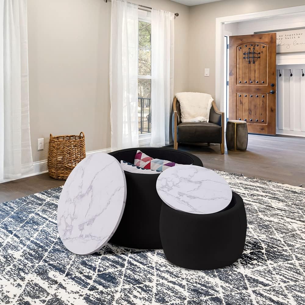 Black Round Coffee Table Set of 2 Nesting Storage Ottoman Velvet Fabric Z641855