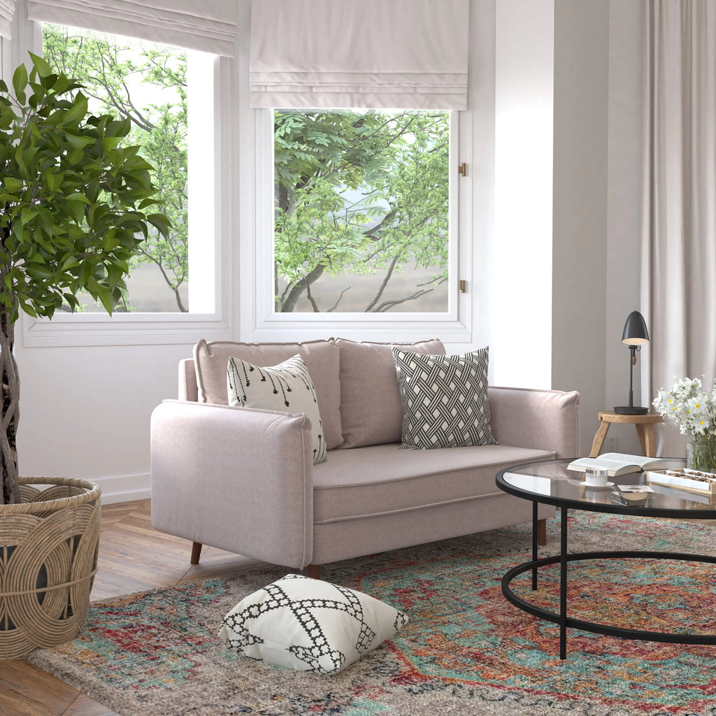Taupe Faux Linen Loveseat Sofa with Solid Wood Legs N912485