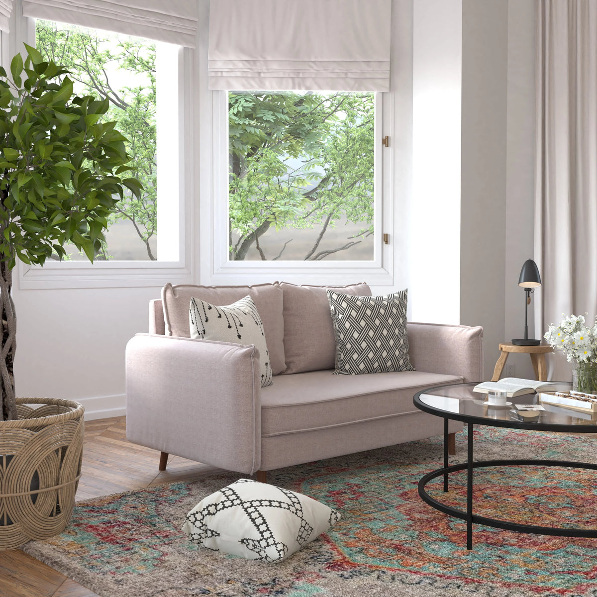 Taupe Faux Linen Loveseat Sofa with Solid Wood Legs N912485