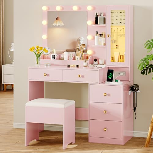 White Vanity Desk with Mirror and Lights, 5 Storage Drawers and Chair H9337