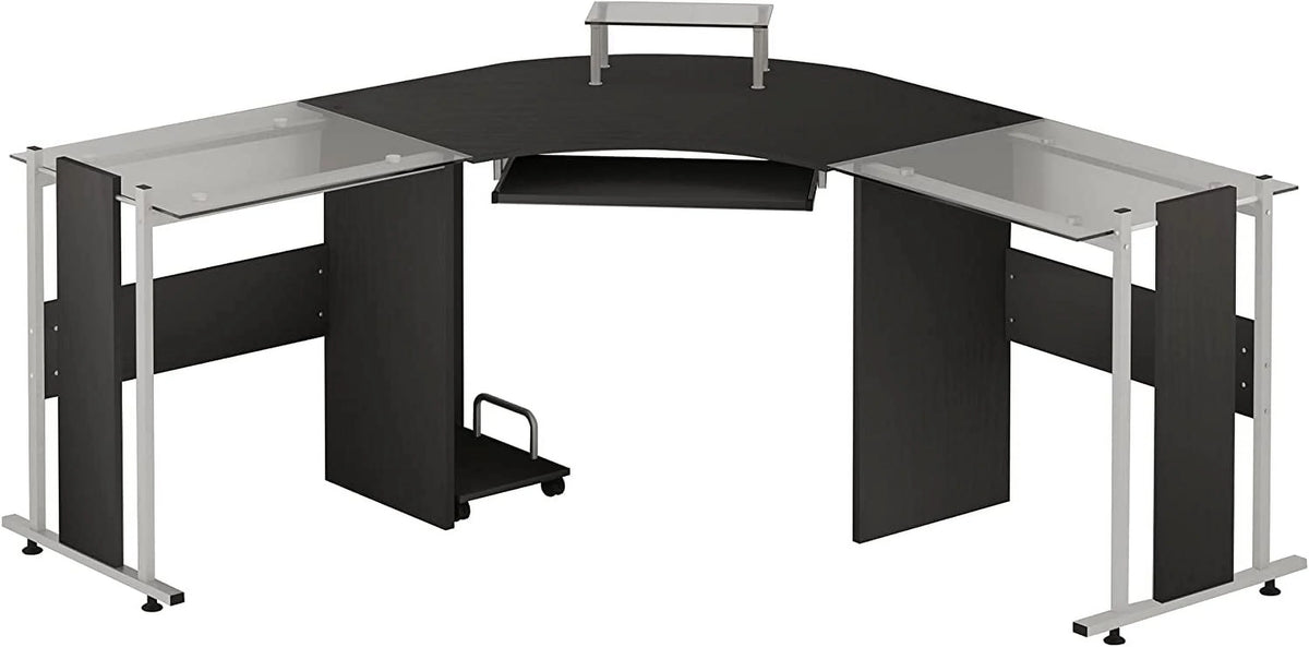 69" L-Shaped Tempered Glass Office Computer Desk with Steel Frame Black I746