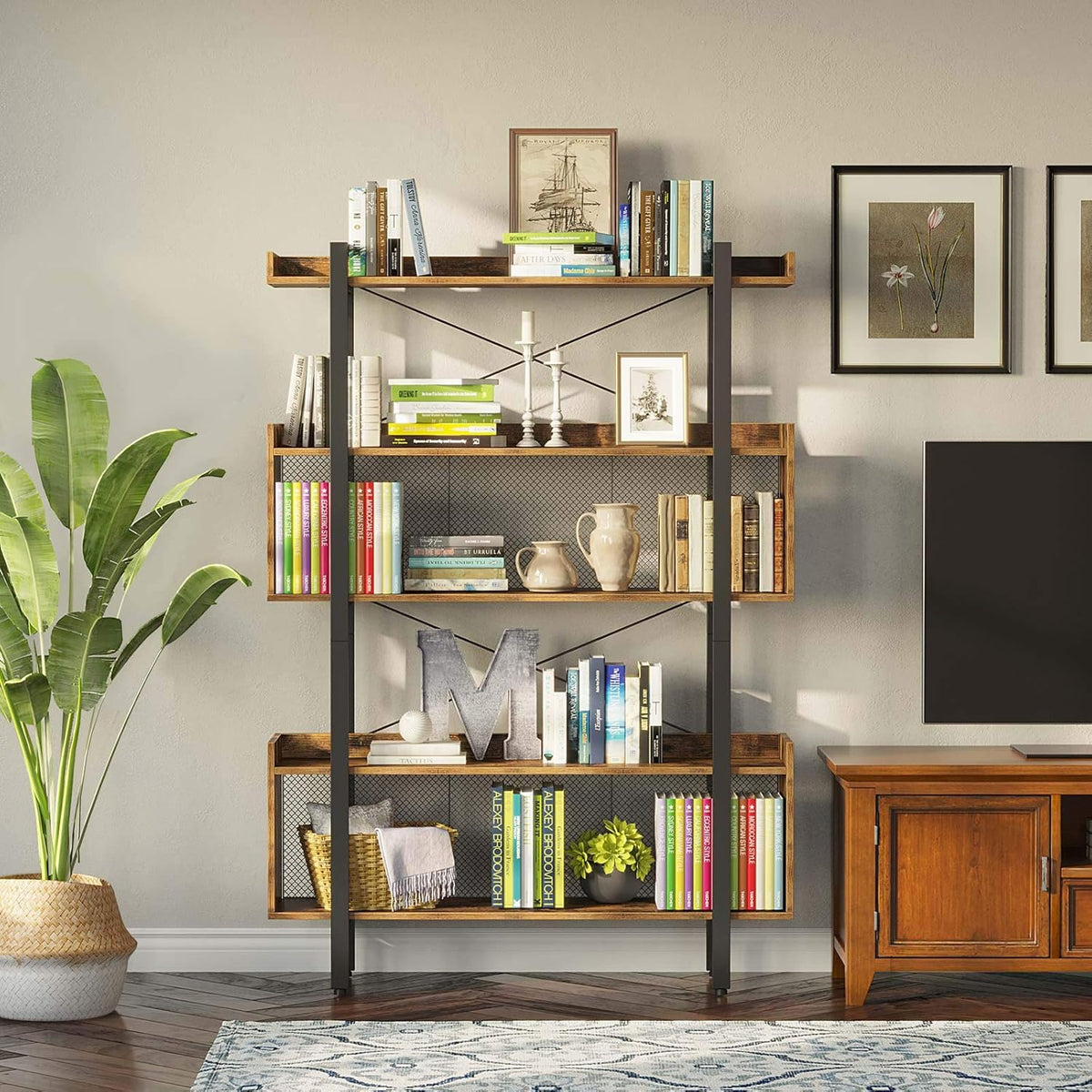 5-Tier Rustic Brown Bookshelf with Metal Frame Q397840