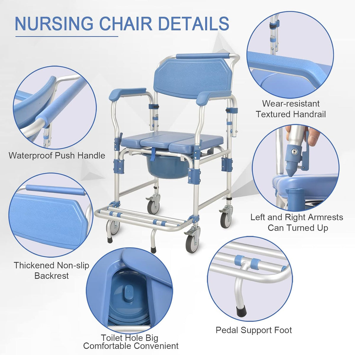 Rolling Showerchair with Built-in Toilet, 4 Wheel Brakes S583