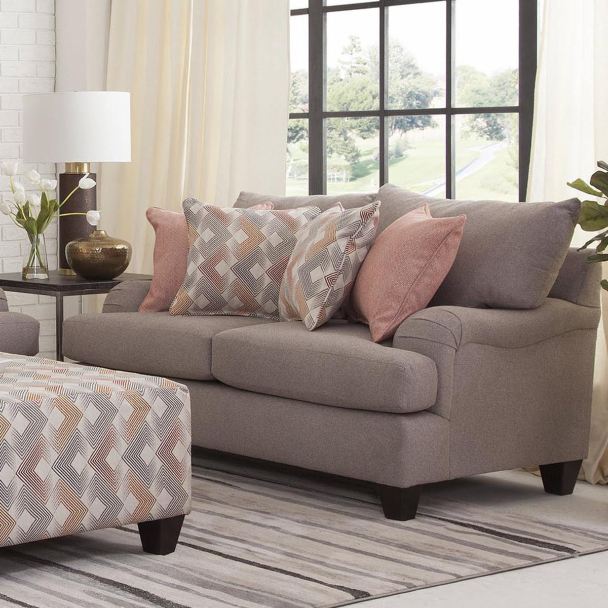 Woven Chenille Rolled Arm Loveseat with 4 Accent Pillows T99821