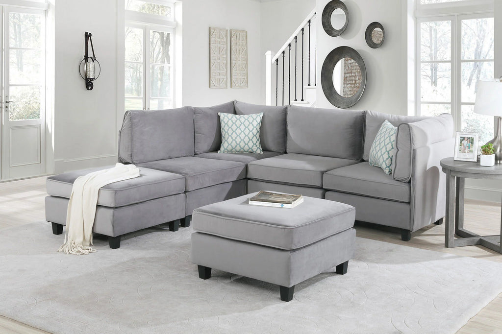 Gray Velvet 6Pc Modular Sectional Sofa C3180