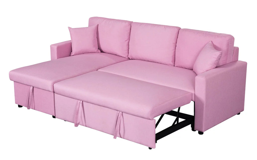 Pink Linen Fabric Reversible Sleeper Sectional Sofa with Storage Chaise E586394