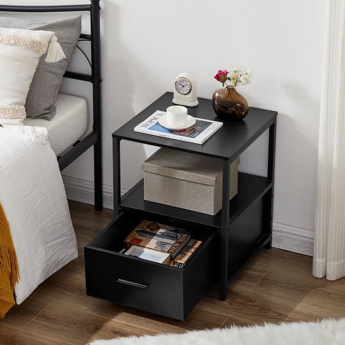 3-Piece Bedroom Set with Twin Bed Frame and 2 Black Nightstands S55713