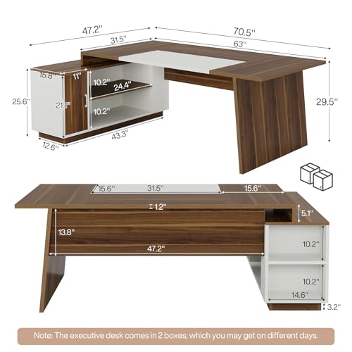 L-Shaped Executive Office Desk with Storage Cabinet and Shelves J7693