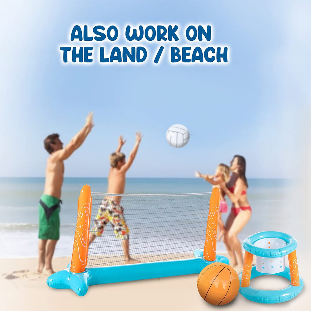 Inflatable Pool Float Set with Volleyball Net, Basketball, Balls Q358297