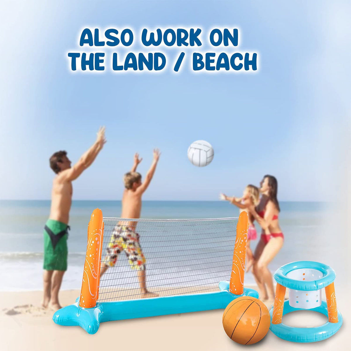 Inflatable Pool Float Set with Volleyball Net, Basketball, Balls Q358297