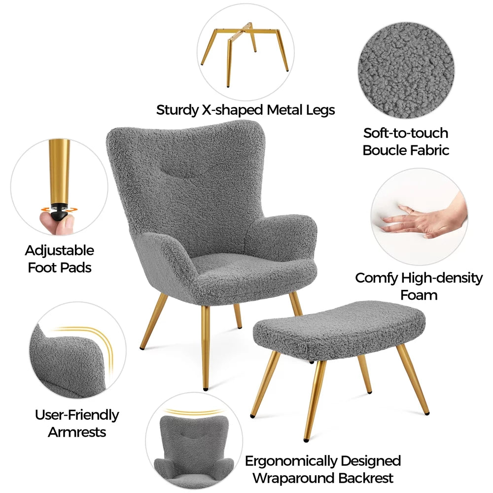 Gray Boucle Accent Chair and Ottoman Set with Golden Metal Legs V205485