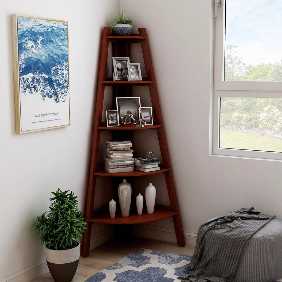 Cherry Finish 5-shelf Corner Bookshelf B5365