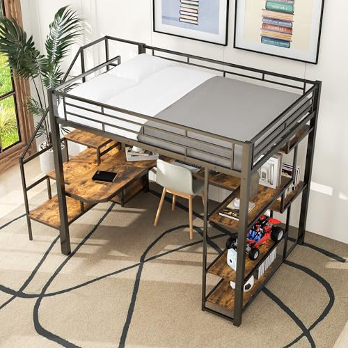 White Full Size Metal Loft Bed with Storage Staircase and Wardrobe L595393