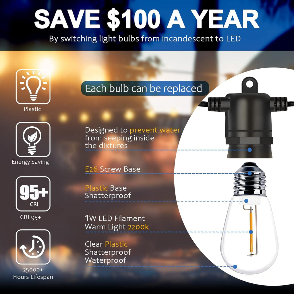 LED Outdoor String Lights with Dimmer Remote F433