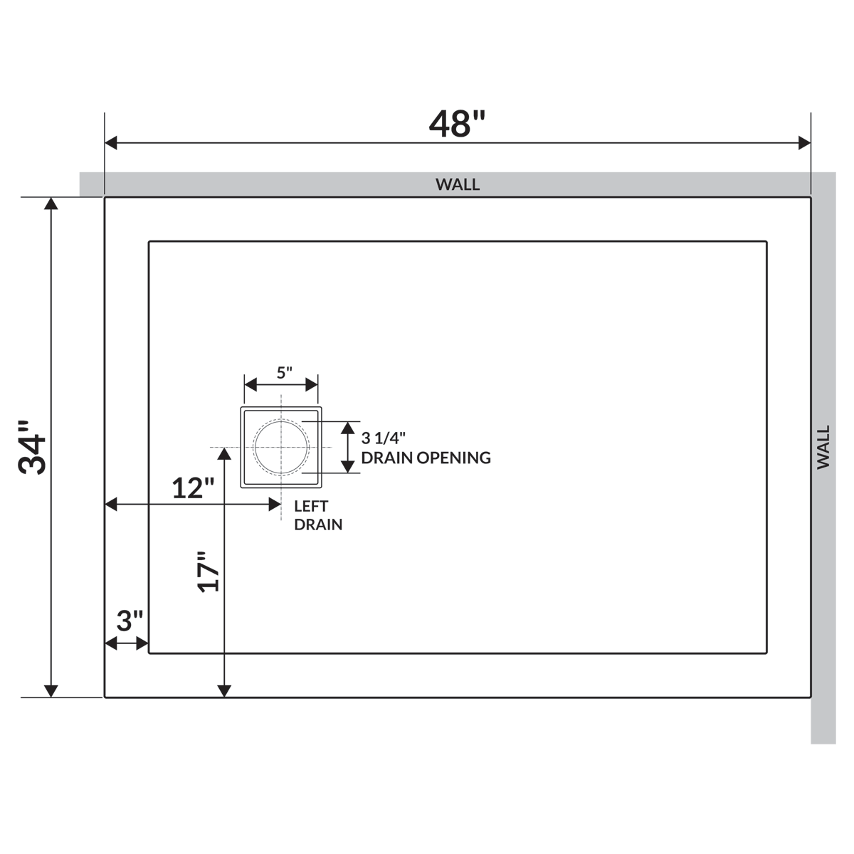 48x22x34x22 Shower Base Pan Left Double Threshold Right Drain D40978