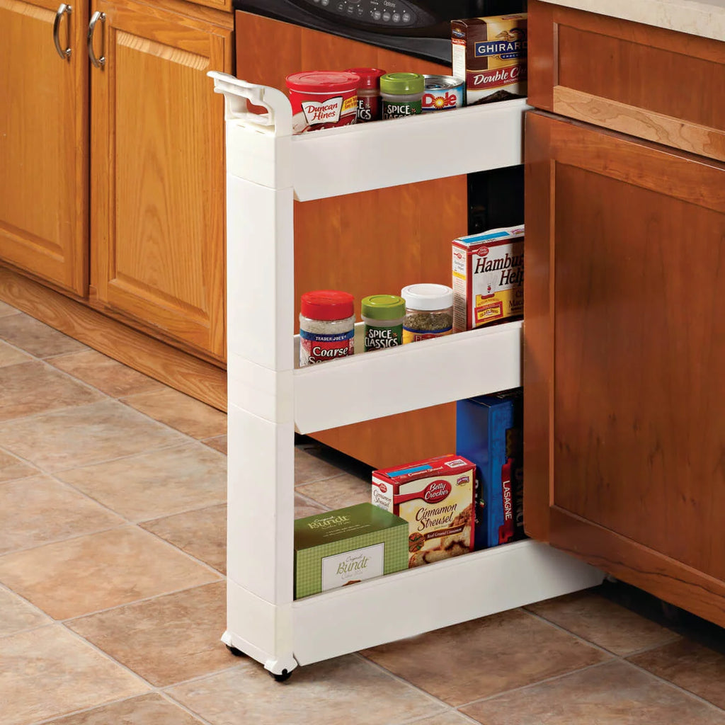 Slim Storage Cart with 3 Baskets and Rolling Casters, Durable Plastic, 21" x 5" x 28 1/4" B797
