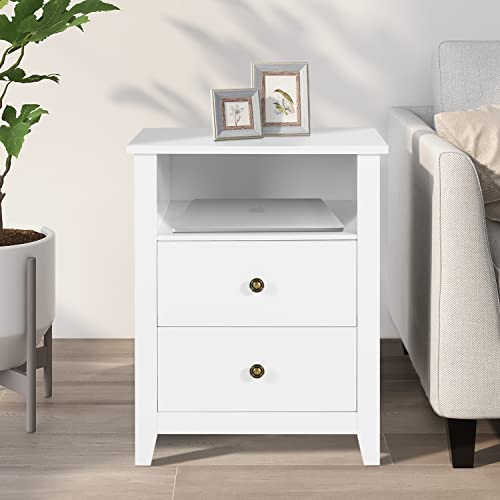 White Nightstands with Drawer Set of 2 Wood Bedside Tables A501000