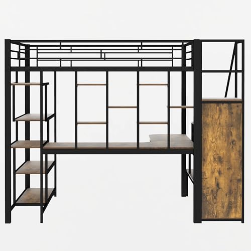 White Full Size Metal Loft Bed with Storage Staircase and Wardrobe L595393