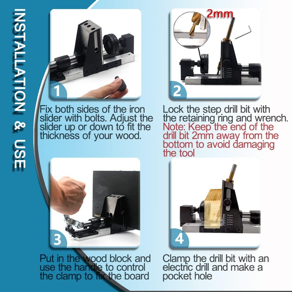 Adjustable 3 Holes Metal Pocket Hole Jig Kit with Clamp W5238