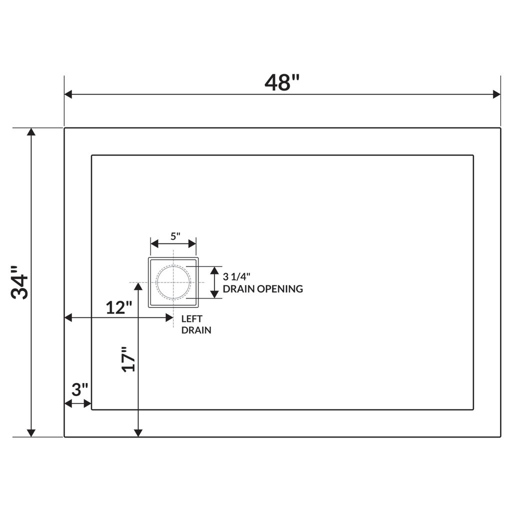 48x22x34x22 Shower Base Pan Left Double Threshold Right Drain D40978