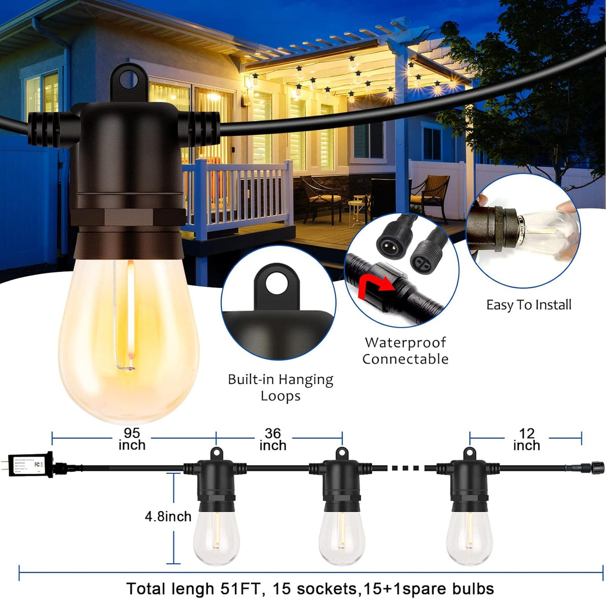 LED Outdoor String Lights with Dimmer Remote F433