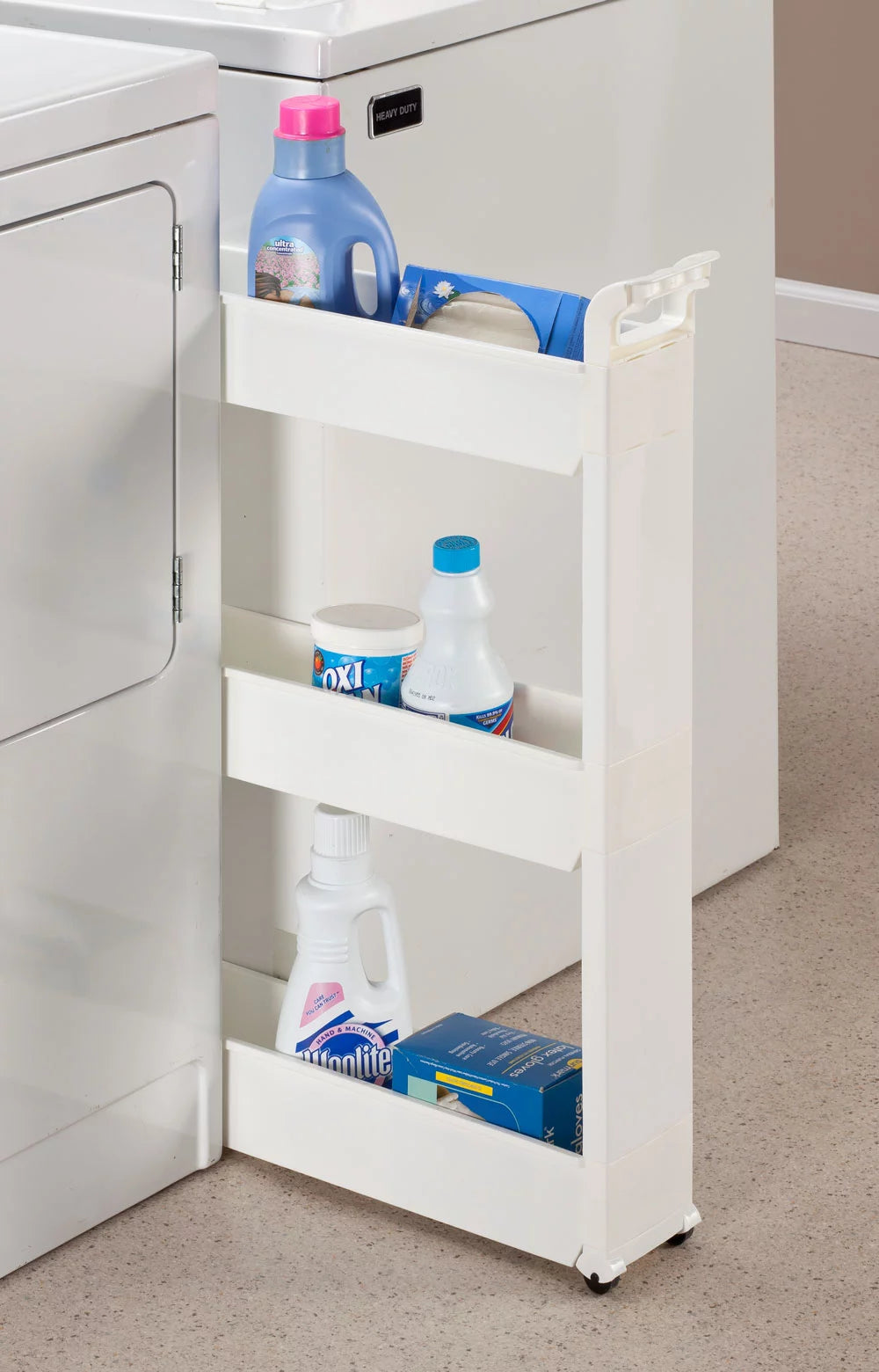 Slim Storage Cart with 3 Baskets and Rolling Casters, Durable Plastic, 21" x 5" x 28 1/4" B797