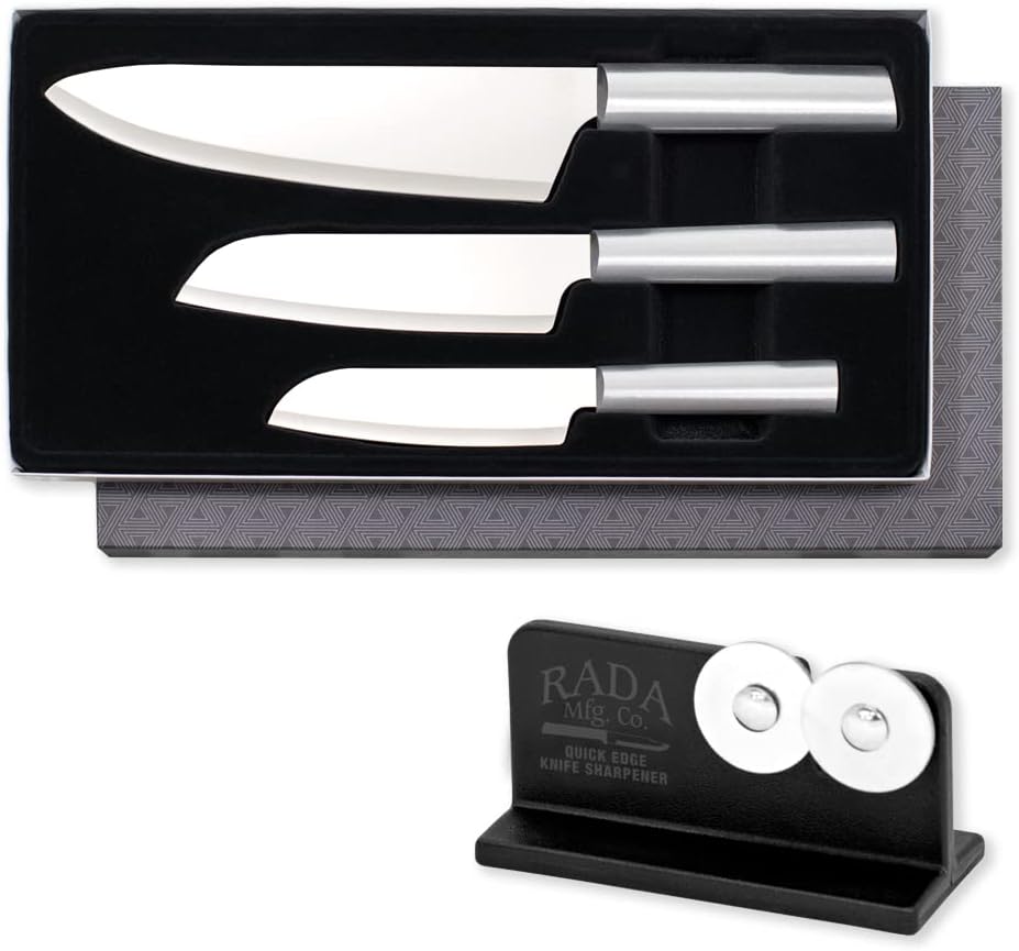 3-Piece Stainless Steel Knife Set with Aluminum Handles and Sharpener I17775
