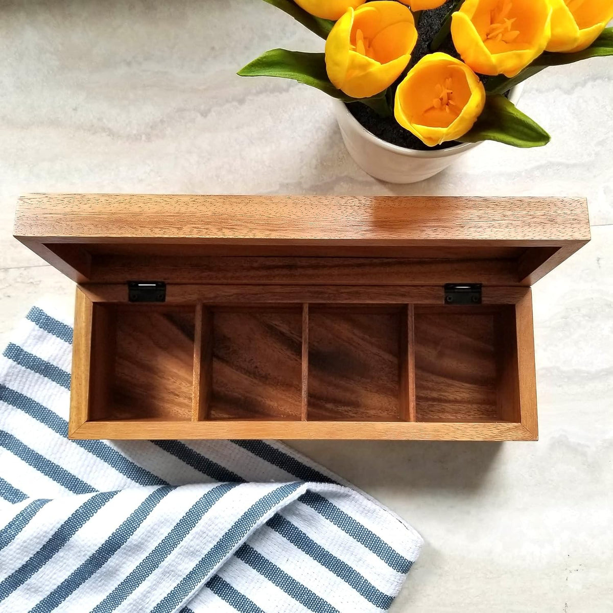 Acacia Wood Tea Box with 4 Sections I17797