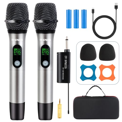 Rechargeable Wireless Microphone PA System - Dual UHF Metal Handheld Mics, Long Range 200ft Cordless Dynamic Mic Kit U77483