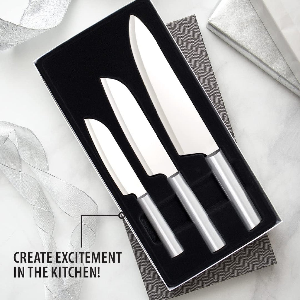 3-Piece Stainless Steel Knife Set with Aluminum Handles and Sharpener I17775