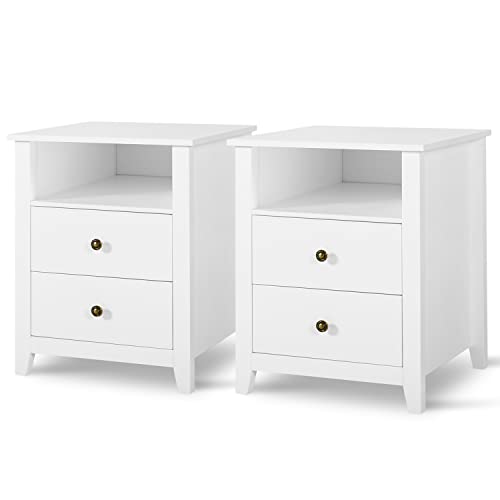 White Nightstands with Drawer Set of 2 Wood Bedside Tables A501000
