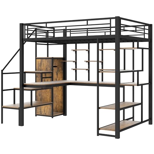 White Full Size Metal Loft Bed with Storage Staircase and Wardrobe L595393