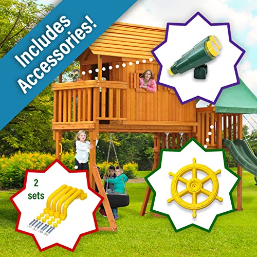 Solid Cedar Wood Swing Set with Built-in Tree House, Wave Slide, Spiral Slide O688888