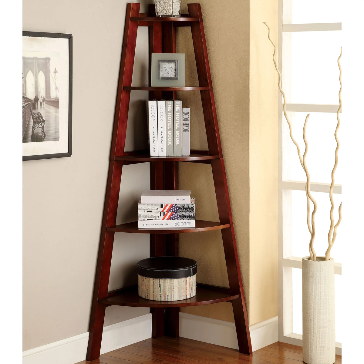 Cherry Finish 5-shelf Corner Bookshelf B5365