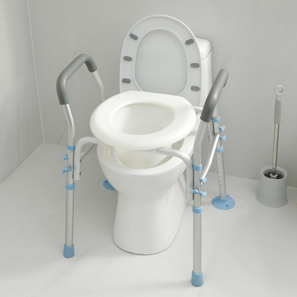 Stand Alone Raised Toilet Seat with Safety Frame, Height Adjustable Legs O3222