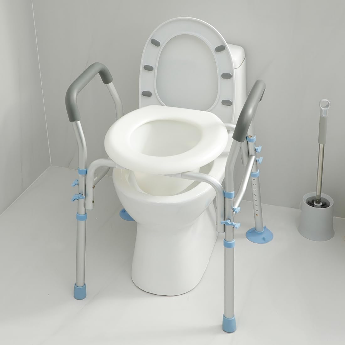 Stand Alone Raised Toilet Seat with Safety Frame, Height Adjustable Legs O3222