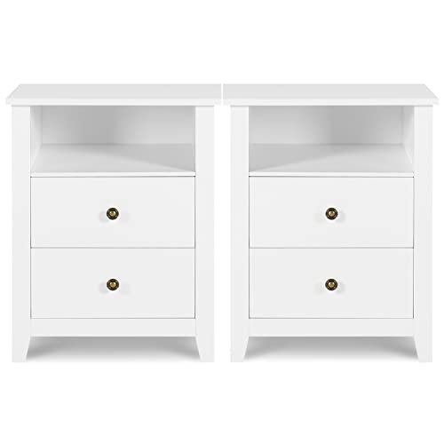White Nightstands with Drawer Set of 2 Wood Bedside Tables A501000