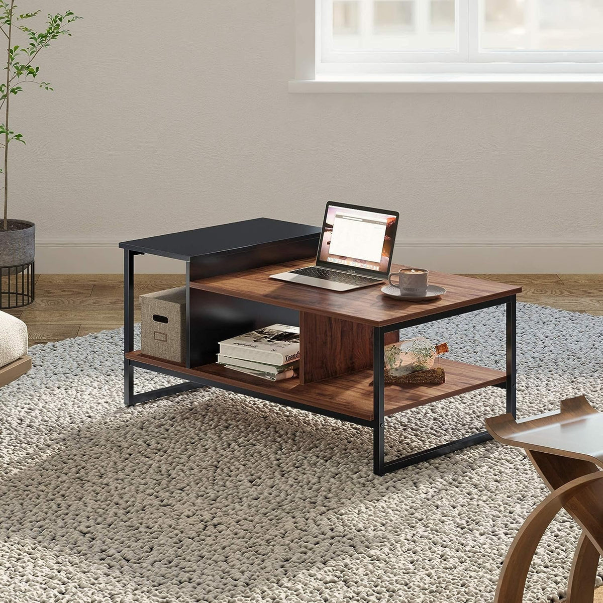 Glass Wood 2-Tier Coffee Table with Smoked Grey Tempered Glass, 40" U260061