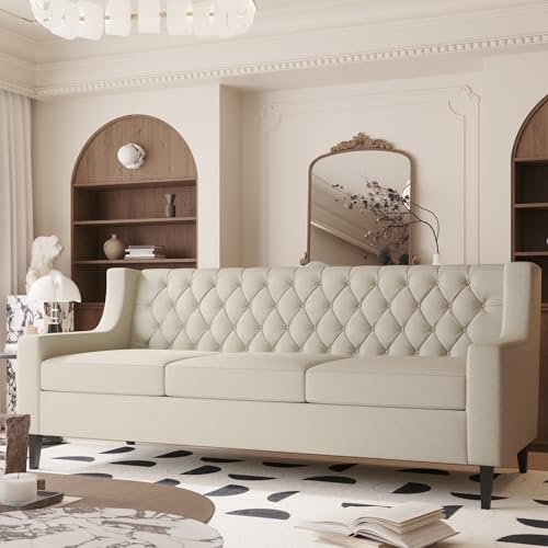 Beige Upholstered 3-Seater Sofa with Button Tufted Backrest Q593853