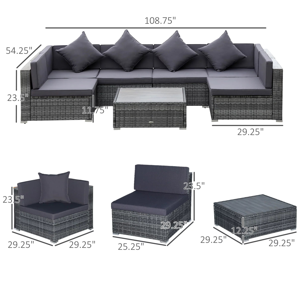 7-Piece PE Rattan Sectional Sofa Set with Acacia Top Coffee Table C93534