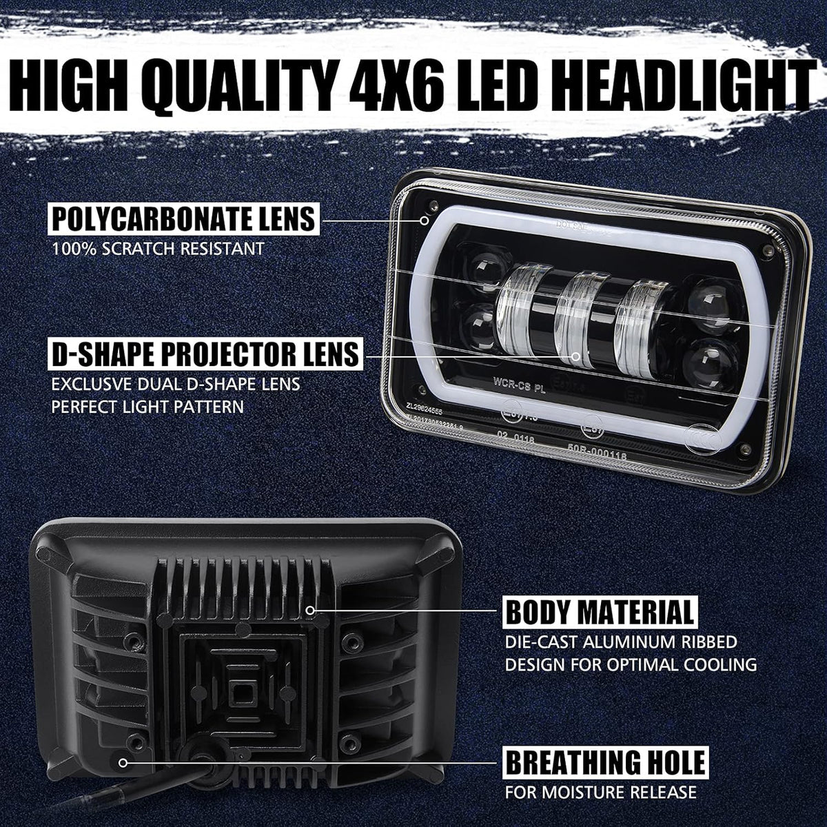 4x6 LED Headlights with White DRL Amber Turn Signal Halo Light G419434