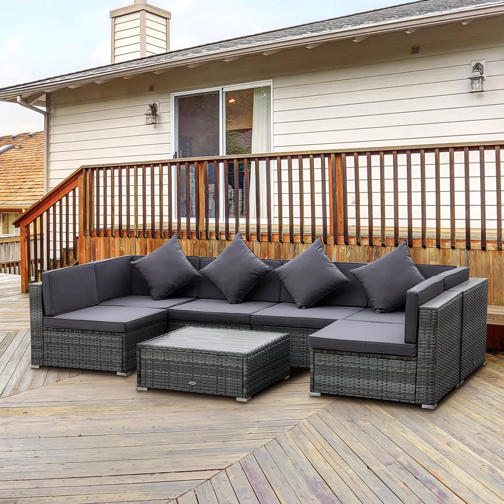 7-Piece PE Rattan Sectional Sofa Set with Acacia Top Coffee Table C93534