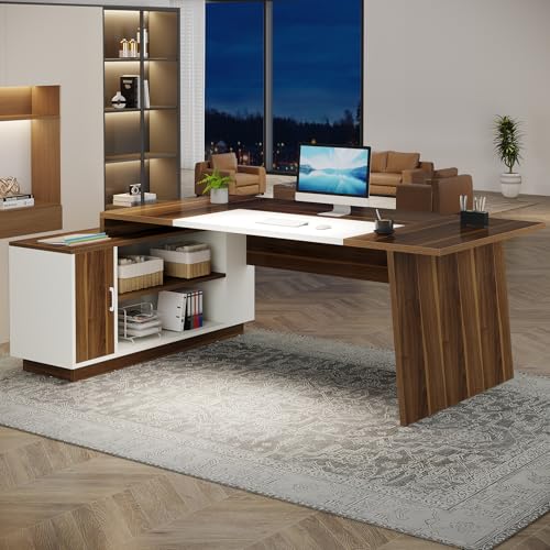 L-Shaped Executive Office Desk with Storage Cabinet and Shelves J7693