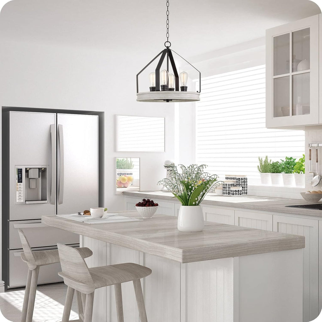 White Birch Wood Style Black Finish 4-Light Farmhouse Pendant Light U32412
